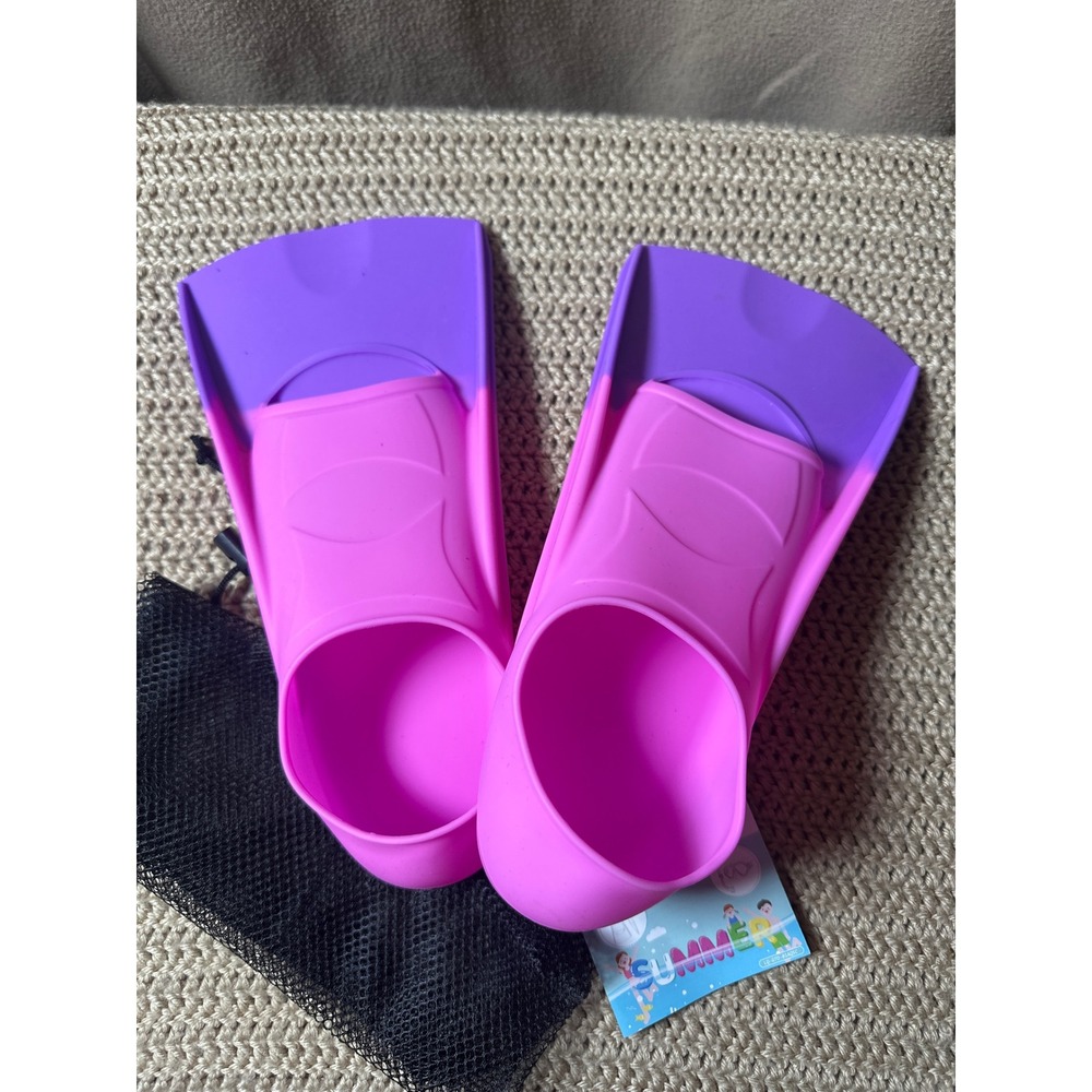 Kids Pink Purple Ombre Short Blade Swim Fins Flippers Size S 33-35 with Mesh Bag